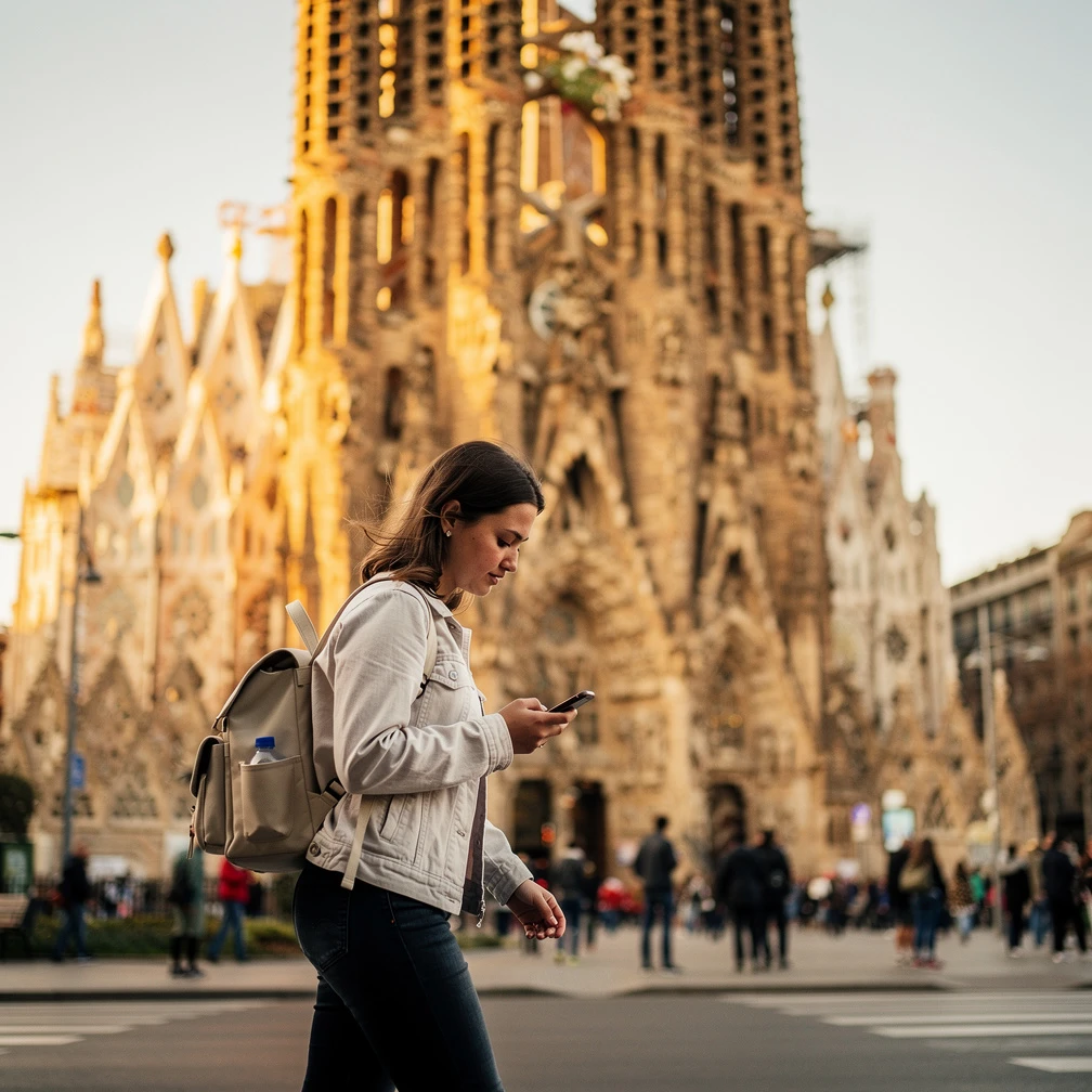 Österreichische Studentin spaziert entlang der Sagrada Família in Barcelona für ein Erasmus+ Praktikum 2026