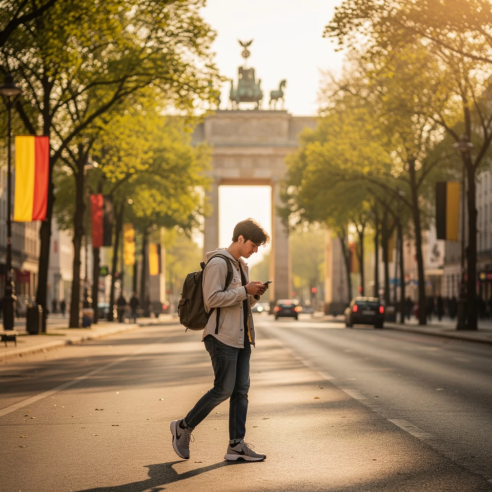 Oesterreichische Studentin laeuft an Unter den Linden in Berlin mit dem Brandenburger Tor im Hintergrund. OeAD Go International Auslandspraktikum 2026.
